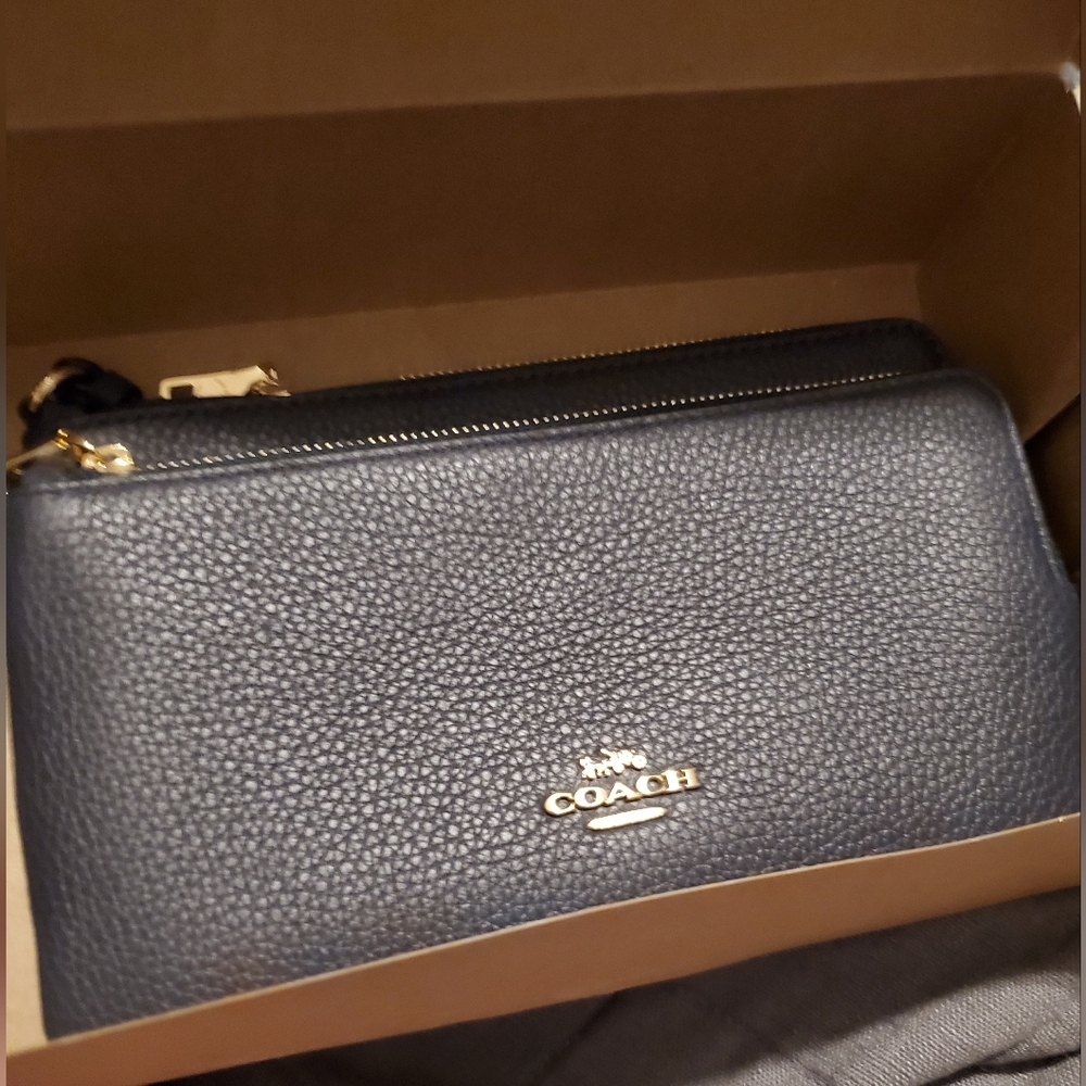 Coach Navy Wristlet with Gold Accents Double Zip Wallet - Picture 7 of 11
